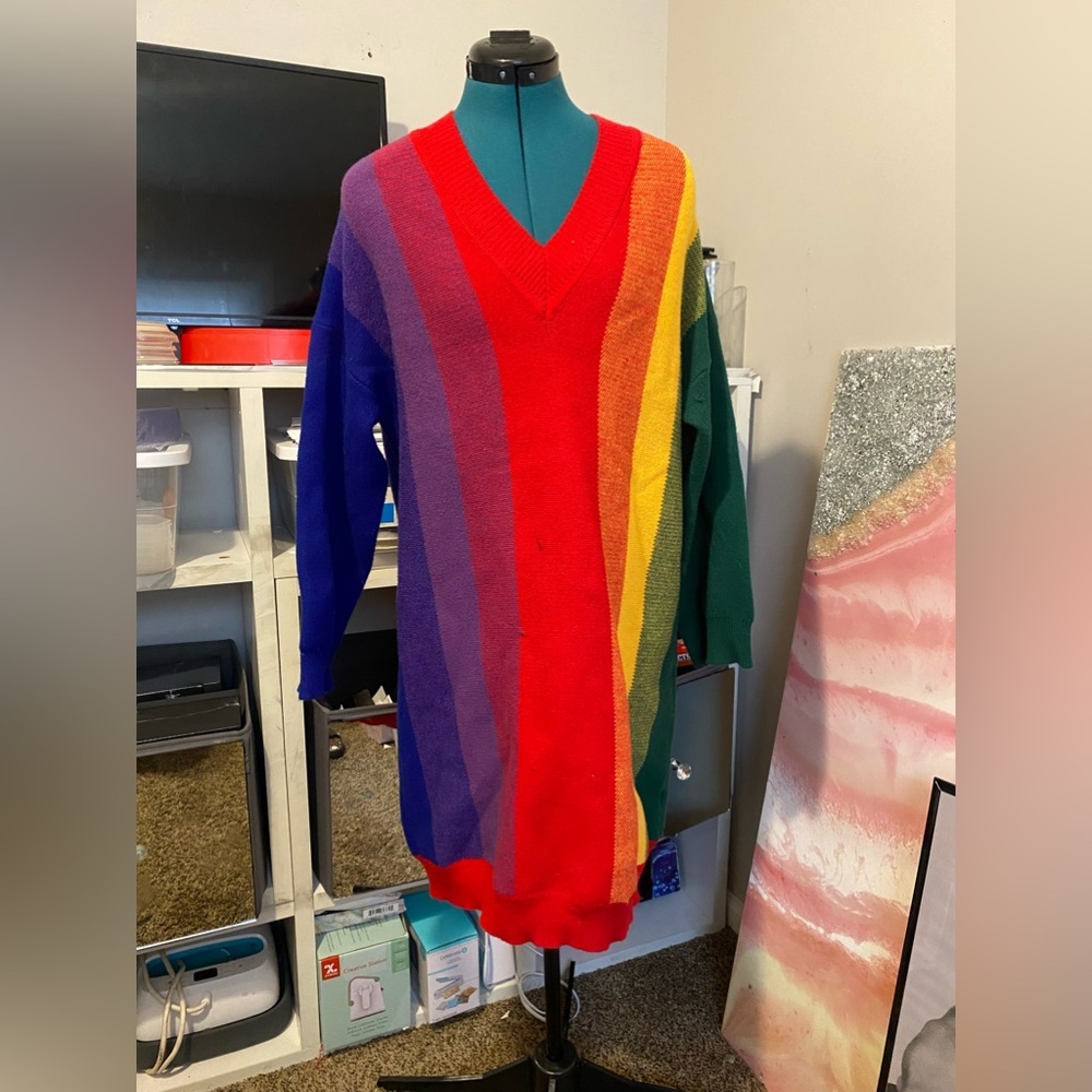 A colorful sweater dress.